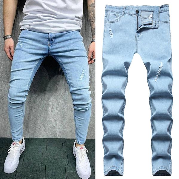 

men's jeans hole trend stretch denim light-colored small feet 2021 casual, Blue