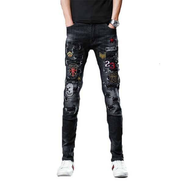 

Men's Pants Personality Multi-badge Jeans New Black Fashion Thin Embroidery Ufsm, Blue