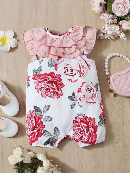 

baby floral print ruffle trim romper she01, Blue