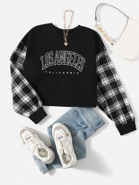 

2 in 1 plaid sleeve letter graphic crop sweatshirt 28jn#, White;black