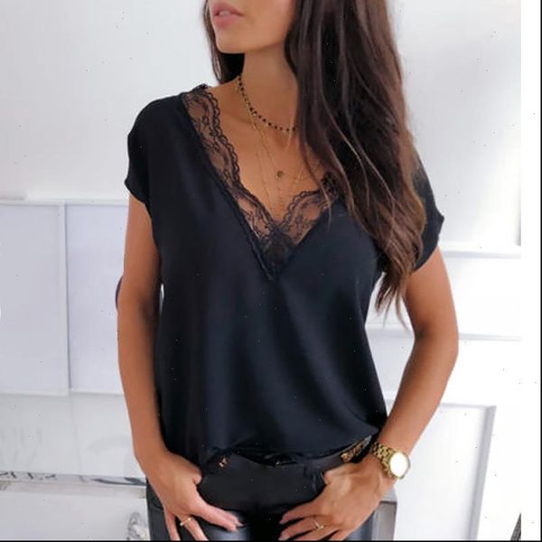 

black lace shirt summer short sleeve v neck fashion for women elegant clothes ladies casual streetwear, White
