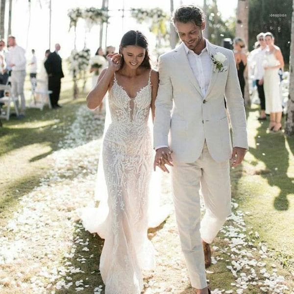 

men's suits & blazers white linen men summer beach casual groom wedding tuxedos slim fit ivory bridegroom wear evening prom party 2 pcs, White;black