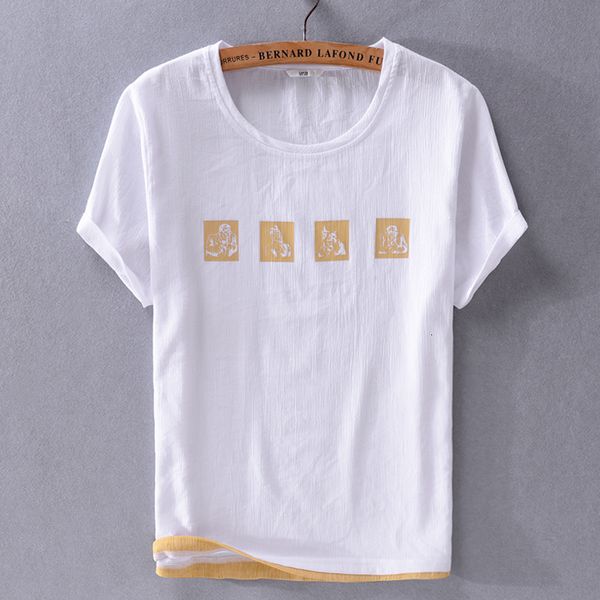 

2021 new summer men's short-sleeved t-shirt linen causal beach sunscreen shirt men round neck t shirts male camisa chemise e5au, White