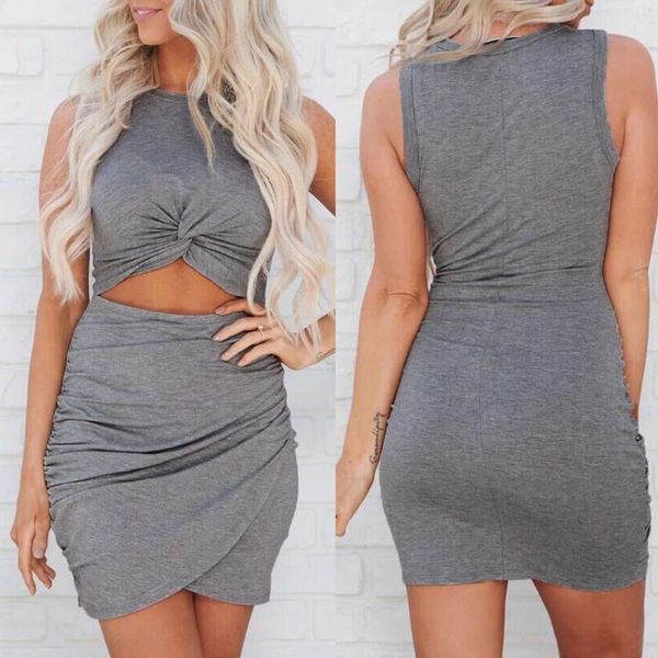 

womail fashion women & club sleeveless hollow out dresses bodycon summer beach ladies solid color o-neck pleated mini dress, Black;gray