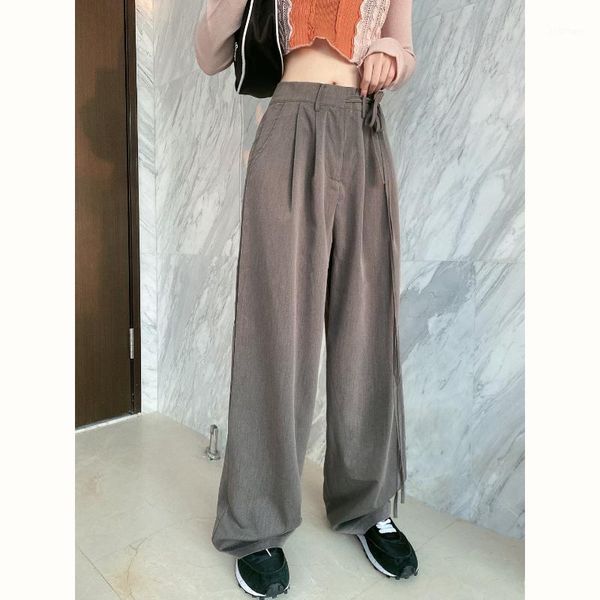 

women's pants & capris grey wide leg summer thin high waist sagging casual suit straight tube loose floor pant trousers, Black;white