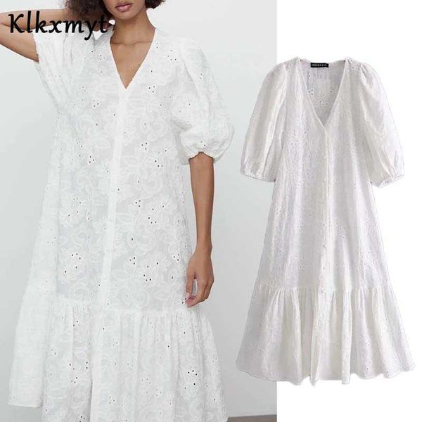 

klkxmyt summer za dress women fashion hollow out embroidery white midi ruffle short puff sleeve v neck woman es 210527, Black;gray