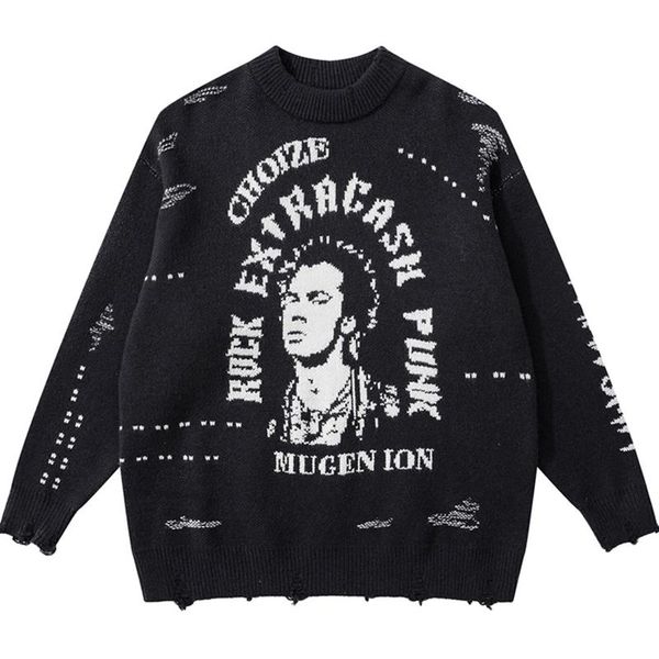 

men's sweaters men dark character jacquard sweater male street loose knitted pullover couple black white hole hip hop vintage autumn, White;black