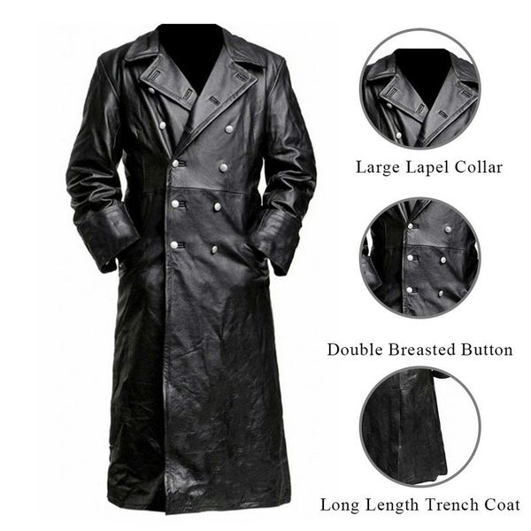 

men's jackets button closure pu leather jacket long trench winter vintage business outerwear premium officer black coat 5xl, Black;brown