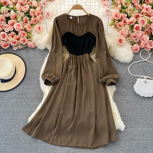 

casual dresses autumn patchwork midi dress women vintage puff long sleeve a-line high waist party 2021 brown/beige/black, Black;gray