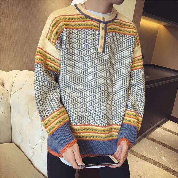 

chao brand autumn and winter new harajuku style color matching youth round neck pullover men's loose korean t-shirt, White;black