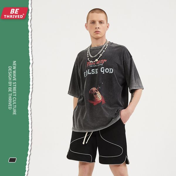 

be men's wear | 2021 spring and summer worn fear mask print loose short sve high street dark crowd t-shirt, White;black