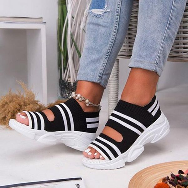 

dress shoes summer women sandals open toe wedges platform ladies knitting lightweight sneakers big size zapatos mujer, Black
