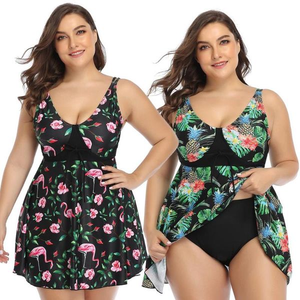 

one-piece suits flamingo/pineapple printed women swim dress u-neck female swimming big swimdress large beachwear 2021 ladies bikini 4xl