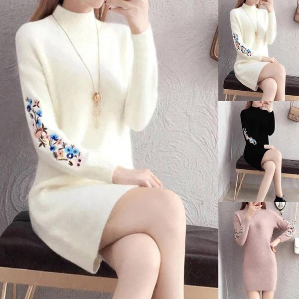 

casual dresses winter women floral embroidery long sleeve o neck knit sweater mini dress knitted clothes solid, Black;gray