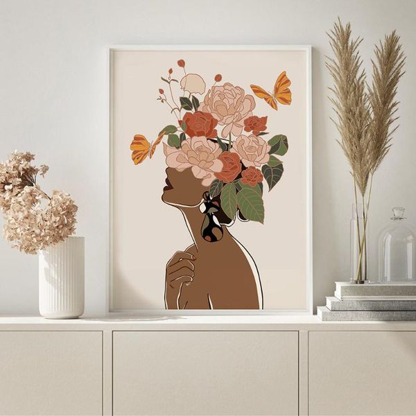 

paintings black skin boho woman flower head canvas poster nordic wall art prints painting abstract posters living room decor