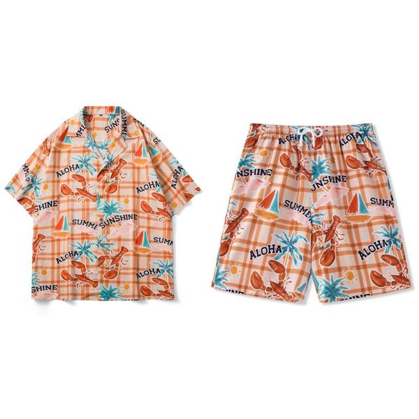 

men's tracksuits product casual loose beach suit cardigan+shorts short sleeve men women personality harajuku fashion boyfriend style, Gray