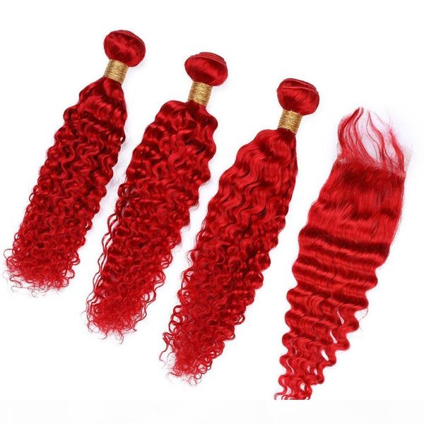 

deep wave red colored peruvian hair weft weaves with closure 3bundles bright red deep wavy virgin hair with 4x4 lace front closure, Black;brown