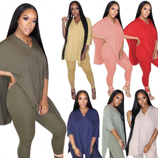 

women sport two piece set v neck side split t shirt leggings pants jogger sweatpants suit tracksuit matching set outfits, Gray