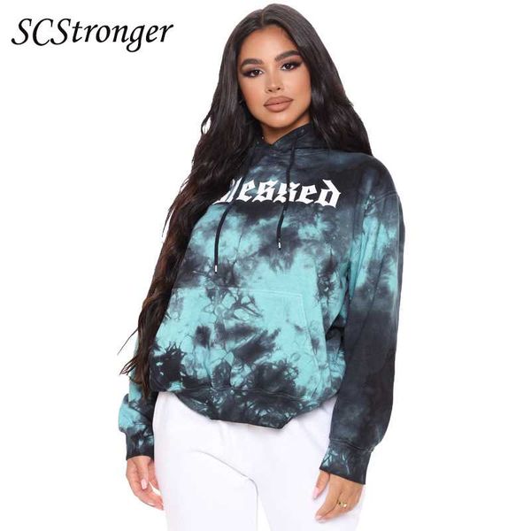 

plus size t-shirt autumn and winter women's sweater letter printing tie dye hooded loose fashion chemisier femme 2021, Black