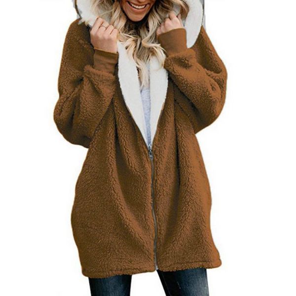 

women hoodie coat winter s-5xl causal soft hooded pocket zipper fleece plush female warm plus size faux fur fluffy jacket, Black