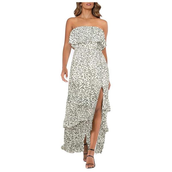 

casual dresses summer womens strapless bandeau polka dot boho long maxi dress tube sundress ruffles sleeveless backless party vestidos, Black;gray