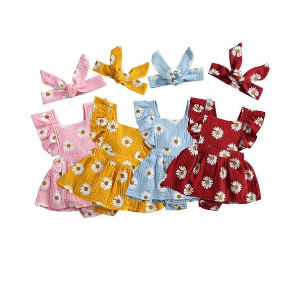 

rompers born baby girls boys sunflowers romper headband 2pcs ruffles short sleeve backless jumpsuits 4 colors, Blue