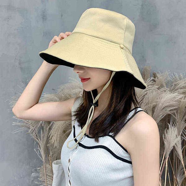 

summer women anti-uv wide brim sun hat cotton blende panama foldable bucket hat korean beach visors cap sun hat g220311, Blue;gray