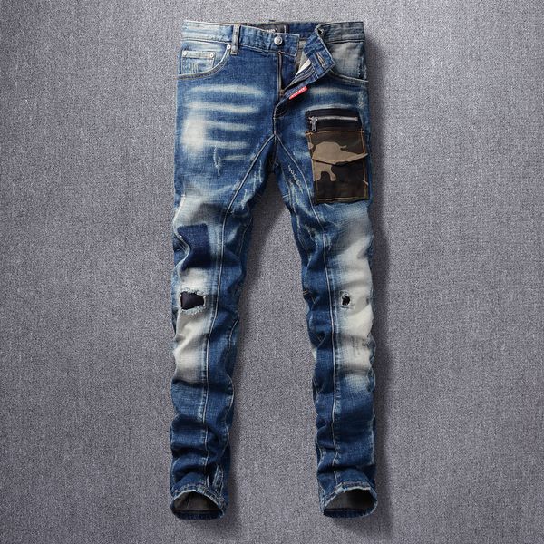 

2021 new american streetwear fashion men jeans spliced designer punk ripped denim trousers patch pocket hip hop biker pants oi6, Blue