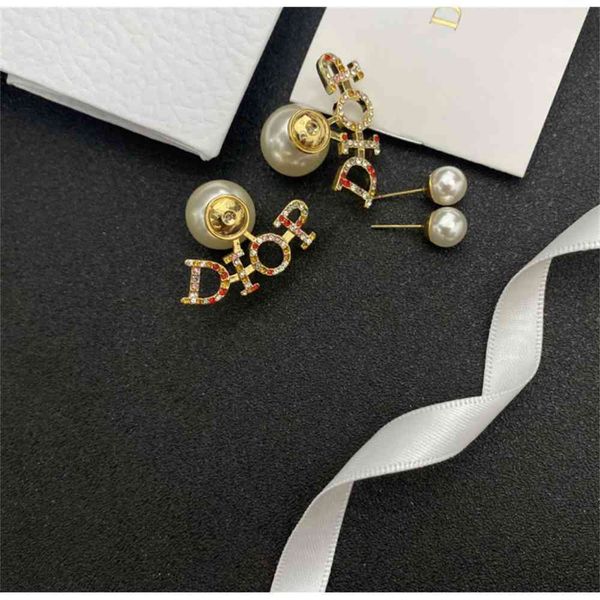 

special offer 2021 luxury designer jewelry new women's earrings letter inlaid with color zircon 925 silver needle size pearl girl', Golden;silver