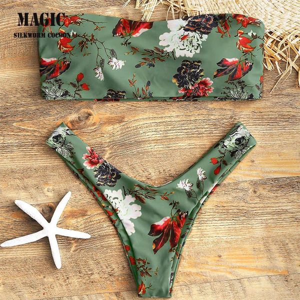 

one-piece suits high waist thong swimsuit 2021 bikini set women brazilian pad swimwear push up bandeau print green yellow bathing