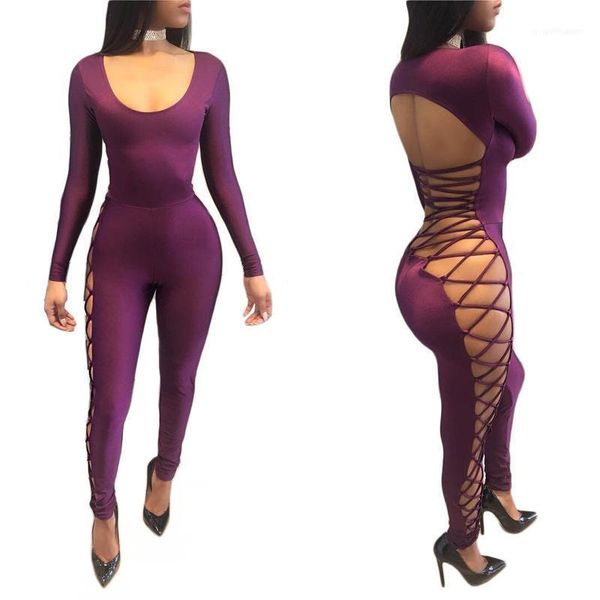 

women's jumpsuits & rompers women's wholesale- 2022 bandage bodycon jumpsuit women hollow out backless party club long sleeve skin, Black;white