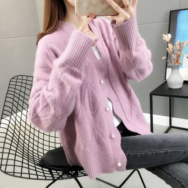 

2021 new casacos de malha feminina moda outono oco manga comprida solta outwear casual boto com decote em v slido feminino s x4qi, White;black