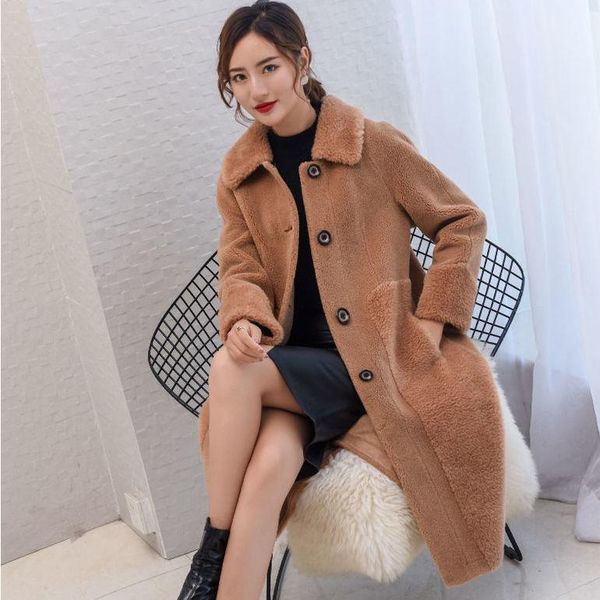 

women's fur & faux 2021 women winter thick warm long sheep shearling jackets casual real wool coat ladies turn-down collar outwear d198, Black