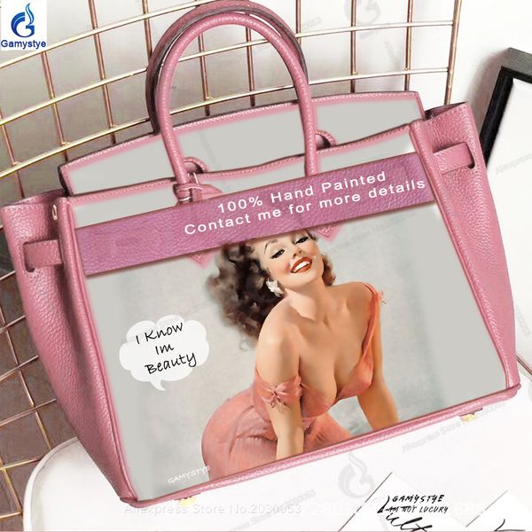 

beauty lady pin up girl vintage bags handmake paint custom gifts women genuine leather handbag gold classic h bags, Black;red