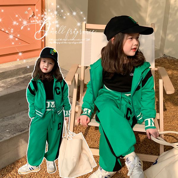 

girls letter printed sports clothing sets kids hooded long sleeve zipper sweatshirt+loose pants 2pcs children casual outfits q5090, White