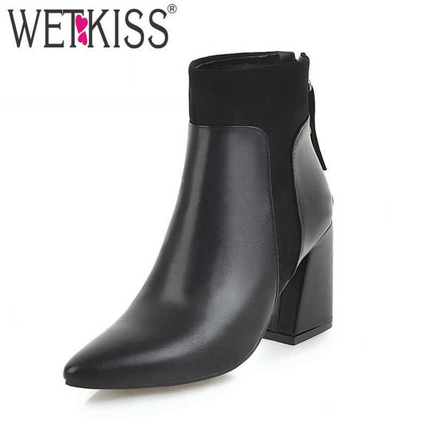 

wetkiss plus size 34-46 pu high heels women boots pointed toe footwear zip party female boot flock shoes woman black 210630