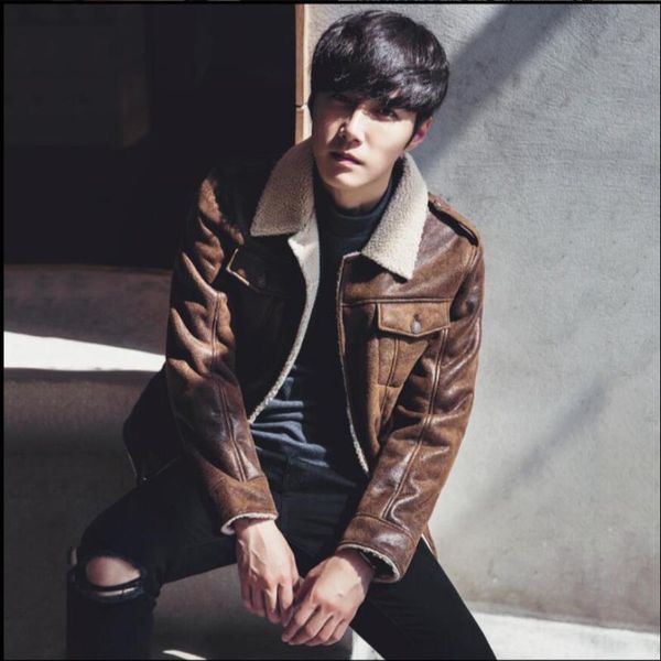 

men's fur & faux m-2xl winter men suede jacket cotton thick lamb cashmere coat tide autumn turn down collar warm leather outwears, Black