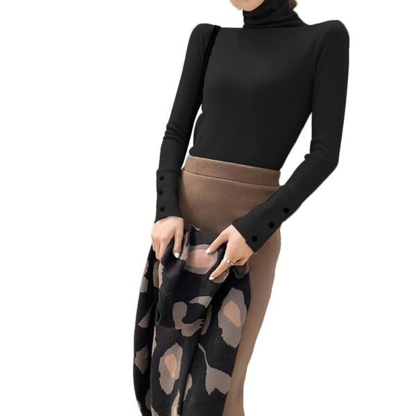 

women's sweaters women autumn winter ladies sweater knit solid three button fashion long sleeve turtle neck blouse all match, White;black