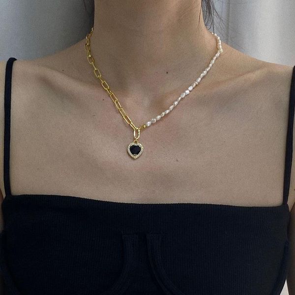 

pendant necklaces pearl irregular necklace box love zircon black gem peach heart choker stitching, Silver