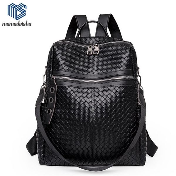 

multifunction retro backpack women woven bag bagpack leather school bags for teenage girls shoulder mochilas 211211