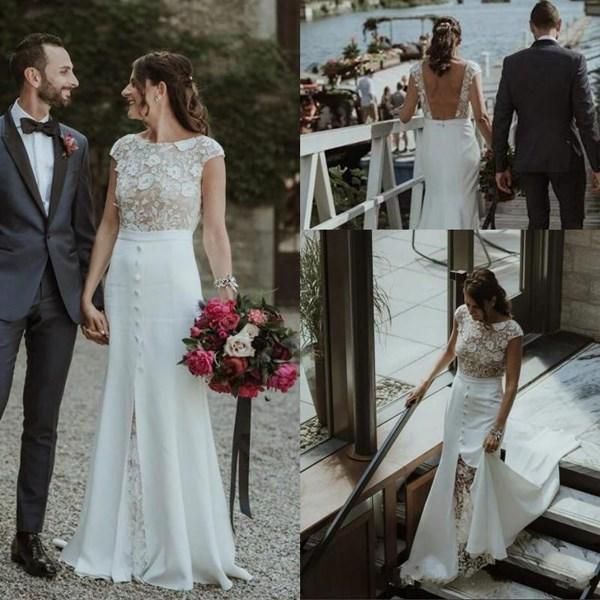 Chic Dantel Mermaid Gelinlik Kılıflı Kollu Backless Sweep Tren Düğmeleri Ön Slit Custom Made Plaj Ülke Gelinlik Vestidos