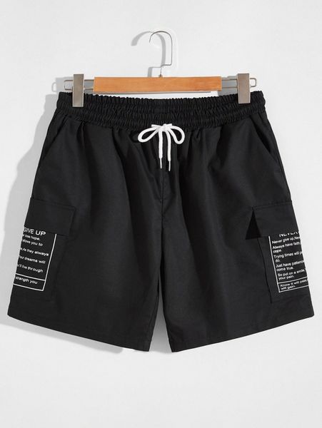 

men drawstring waist slogan graphic shorts 725x#, Black