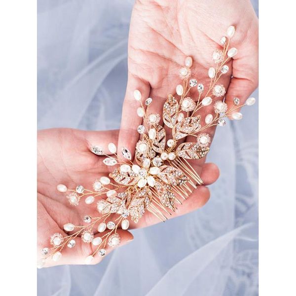 

trendy leaf pearl rose gold wedding hair combs tiara bridal headpiece women head decorative jewelry wedding hair acc qyluml