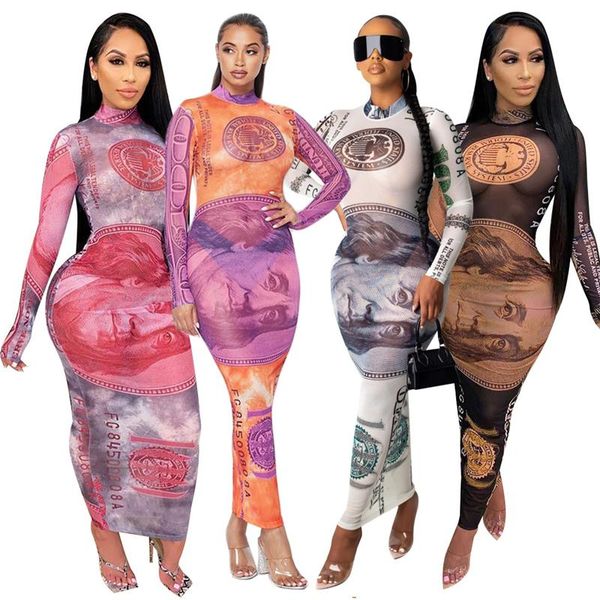 

casual dresses autumn women translucent fashion long-sleeve dollar pattern print maxi pencil dress drop vestido de mujer, Black;gray