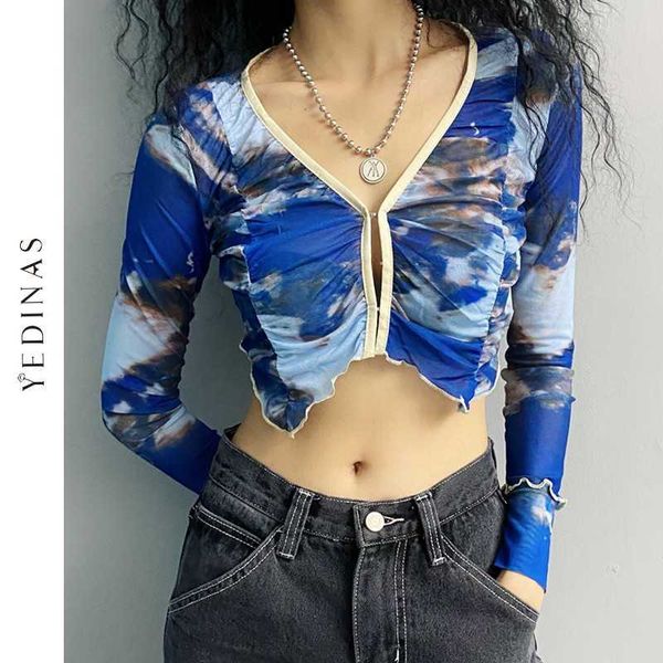 Yedinas Tie Tie Blue Colheita Top Mulheres Malha T Shirt mangas compridas Cardigan Cardigan V-Neck Designer Slim Camisetas Y2K Aesthetic Tops 210527