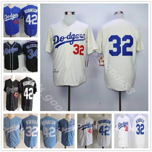 

1955 brooklyn #32 sandy koufax jersey #42 jackie robinson jersey #34 fernando valenzuela jerseys s-3xl stitched white royal cream, Blue;black