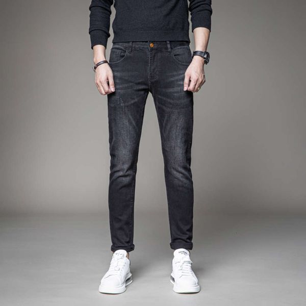 

ins autumn and winter black grey jeans men's casual slim small feet handsome youth long pants elastic korean fashion brand, Blue
