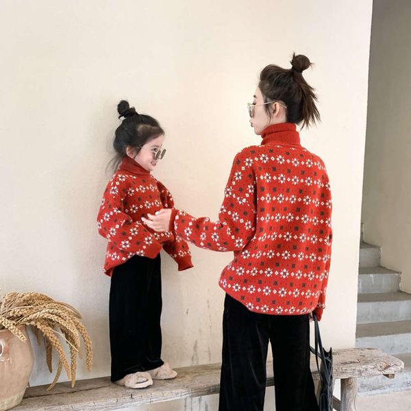 

red and play turtleneck boys drs girls net christmas new year snowflake parent-child sweater, Blue