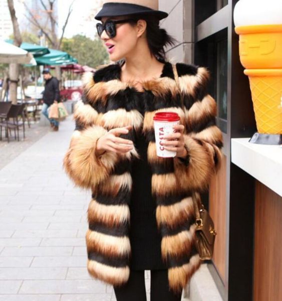 

women's fur & faux autumn and winter horizontal stripes black yellow stitching long-sleeved mid-length coat windbreake