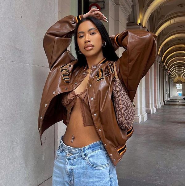 

women's jackets harajuku retro pu leather baseball varsity vintage letter embroidery long sleeve oversized bomber coat autumn streetwea, Black;brown